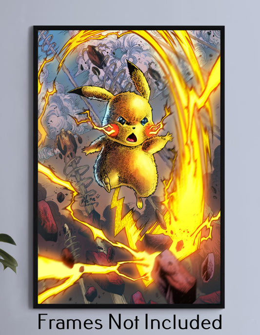 11x17 Pikachu wall art unleashing lightning strike attack mid-air