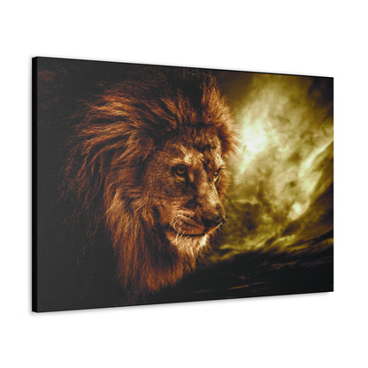 "Celestial King – Lion with Cloudscape Wall Art on canvas, acrylic, and metal – front view featuring a majestic lion against a dramatic sky."
