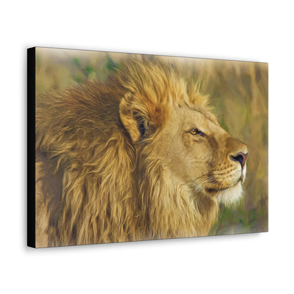 "King of the Plains – Lion in the Savanna Wall Art on canvas, acrylic, and metal – front view featuring a majestic lion surveying the grasslands."
