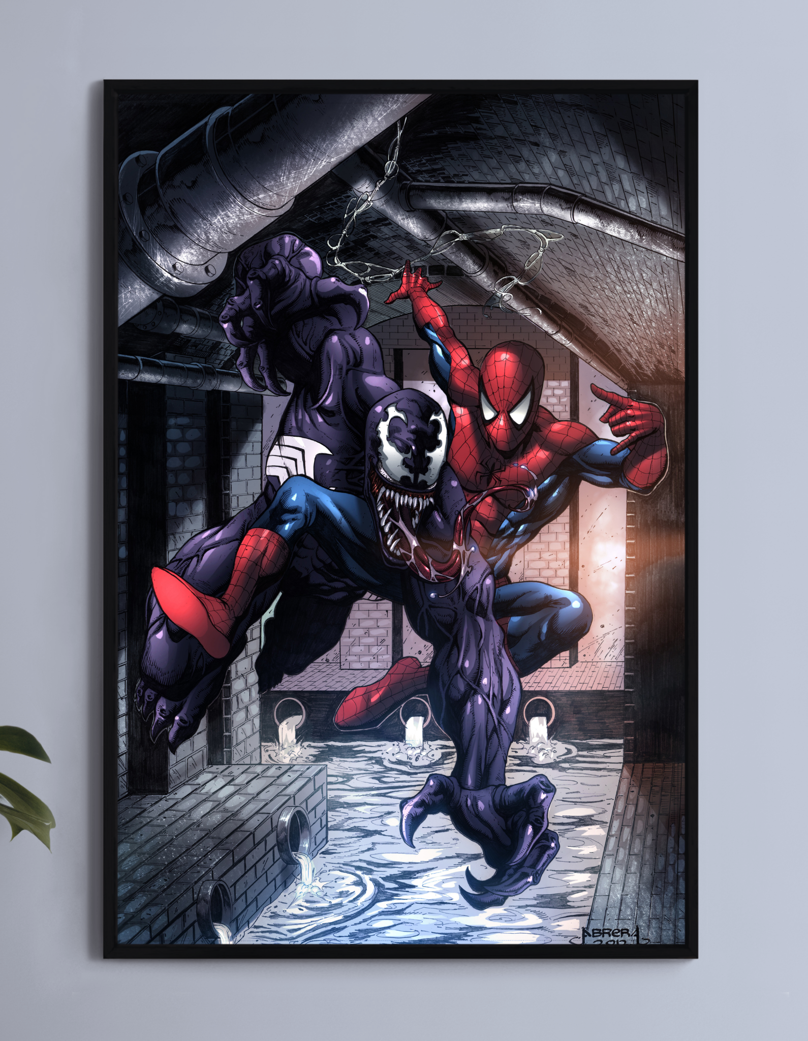 Spider-Man vs. Venom sewer battle 11x17 art print in dramatic comic style