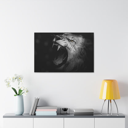 Roaring Legacy – Black and White Lion Wall Art on canvas, acrylic, and metal – front view featuring a fierce lion mid-roar in dramatic monochrome contrast.