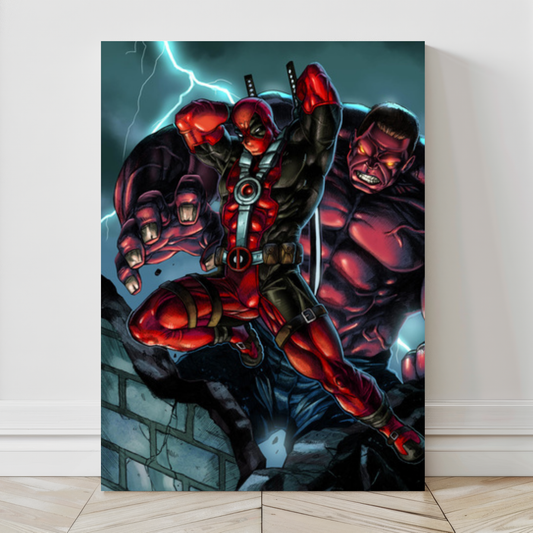 Alt Text: 24x36 canvas of chaotic Marvel duo Deadpool and Red Hulk in battle

