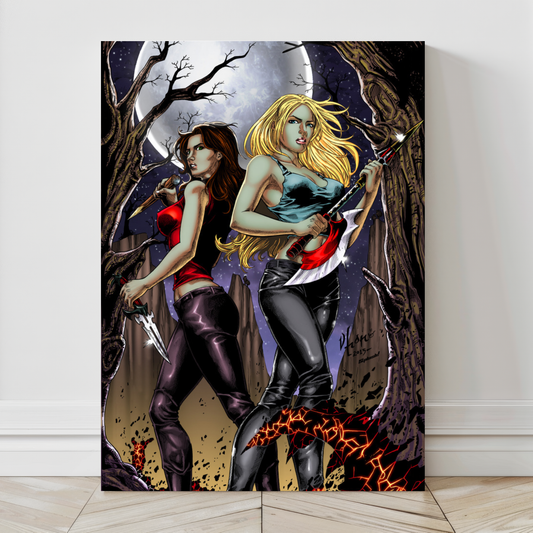 Alt Text: 24x36 canvas artwork of vampire slayers in apocalyptic forest scene

