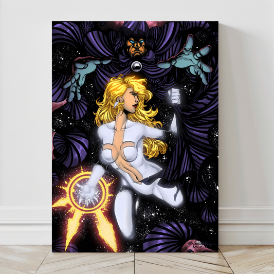 Alt Text: 24x36 canvas of powerful light energy and dark cloak contrast in space

