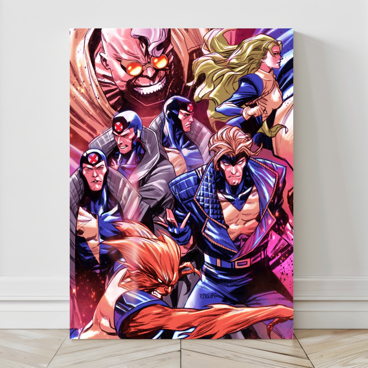 Alt Text: 24x36 large canvas print of X-Factor team in battle scene by Ryan Pasibe
