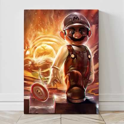 Oversized 24x36 Mario vs Bowser canvas with glowing fire and epic motion.