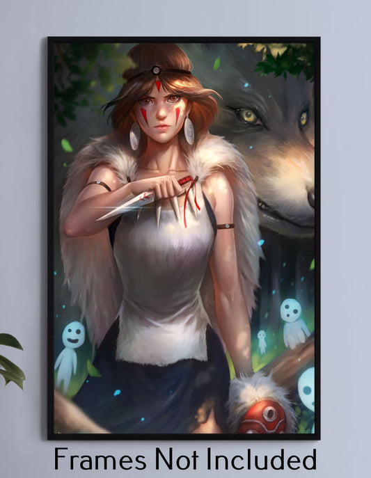 "Spirit of the Forest – Princess Mononoke Wall Art on canvas, acrylic, and metal – front view featuring San with her wolf companion in a mystical forest."
