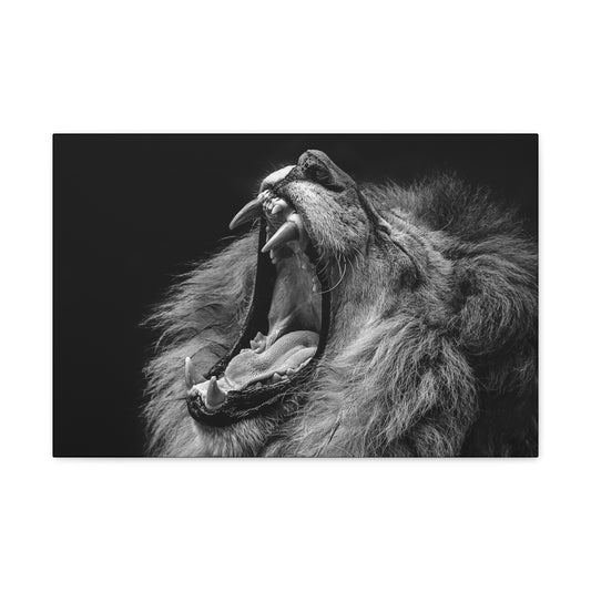 "Monochrome Roar – Black & White Lion Wall Art on canvas, acrylic, and metal – front view featuring a roaring lion."