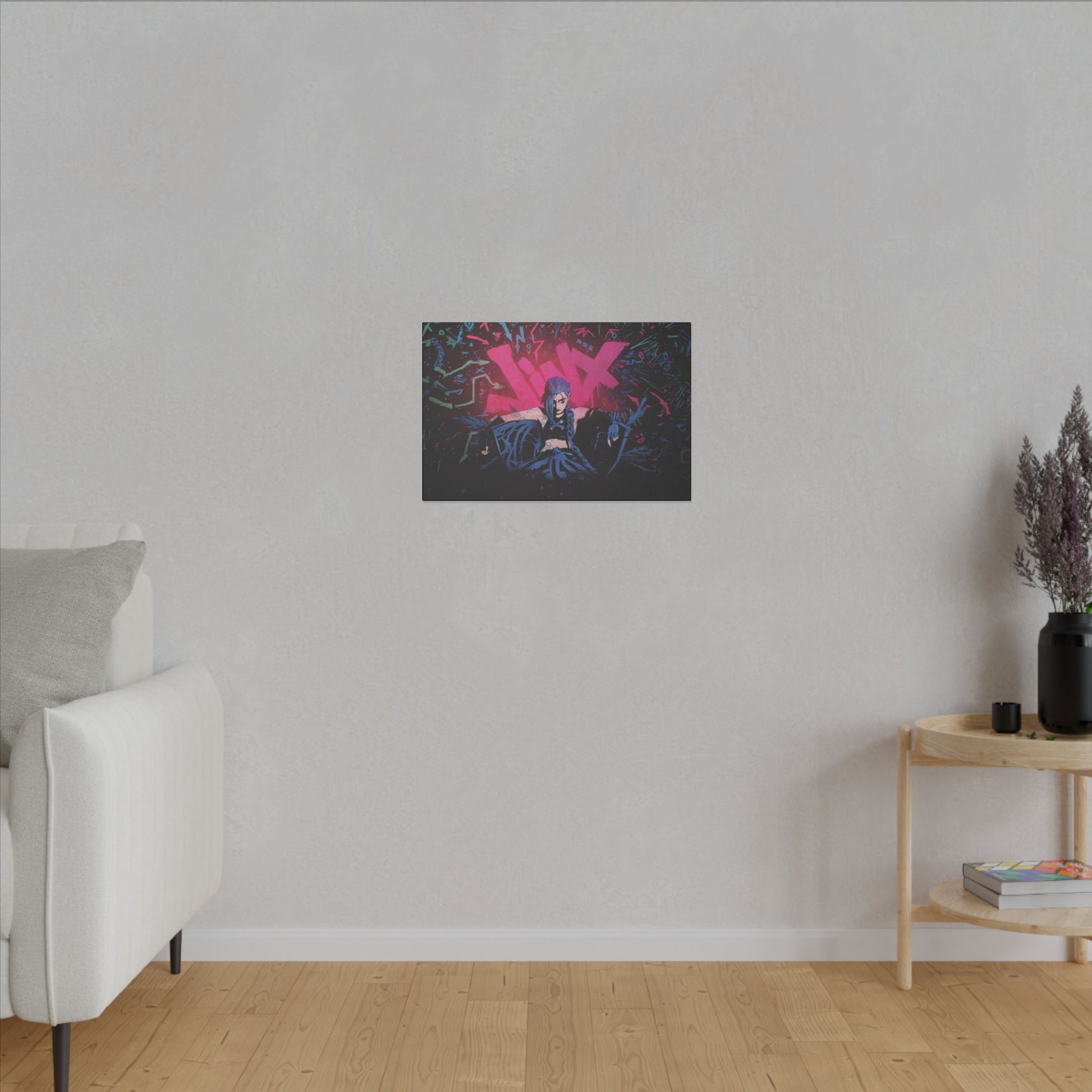 "Jinx from Arcane Wall Art on premium canvas, acrylic, and metal – front view featuring the edgy character Jinx"
