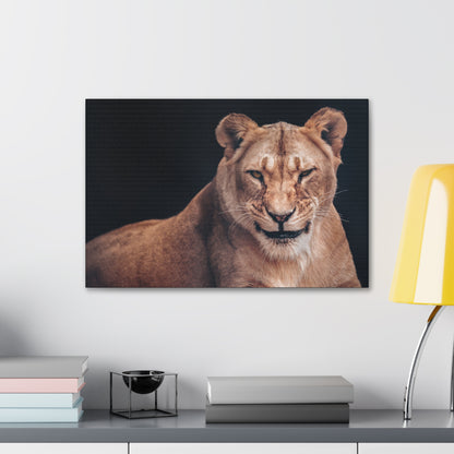 "Queen of the Wild – Female Lion Wall Art on canvas, acrylic, and metal – front view featuring a strong and majestic lioness."
