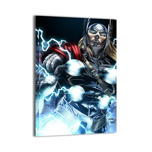 Thor in full armor glowing with lightning and rage, comic-style portrait, canvas wall print