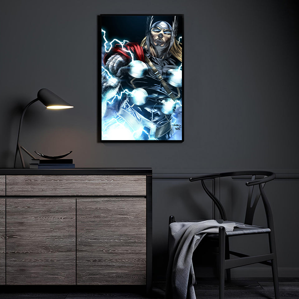 Thor in full armor glowing with lightning and rage, comic-style portrait, 11x17 wall print