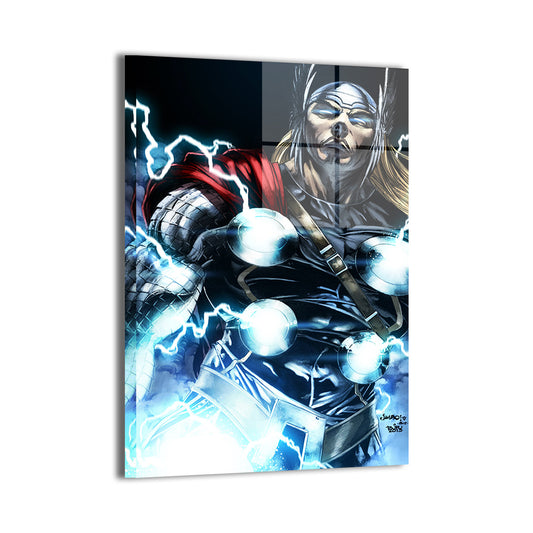 Thor in full armor glowing with lightning and rage, comic-style portrait, Metal 
wall print