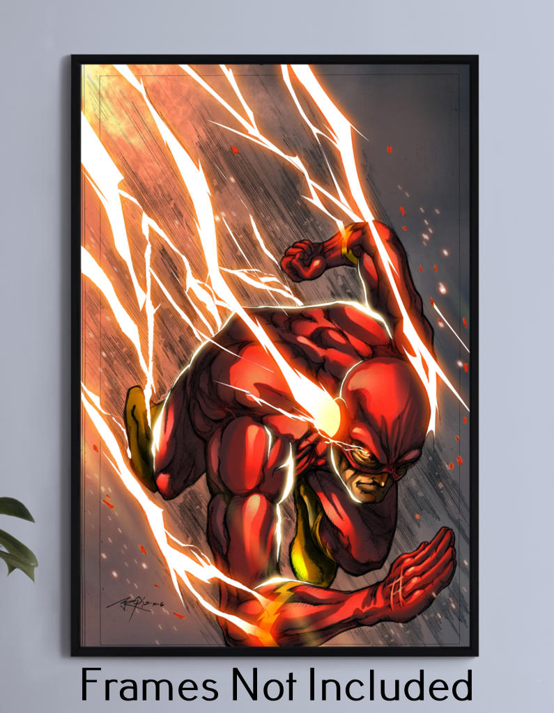 12x18 canvas print of The Flash sprinting with blazing lightning trails in comic-style action