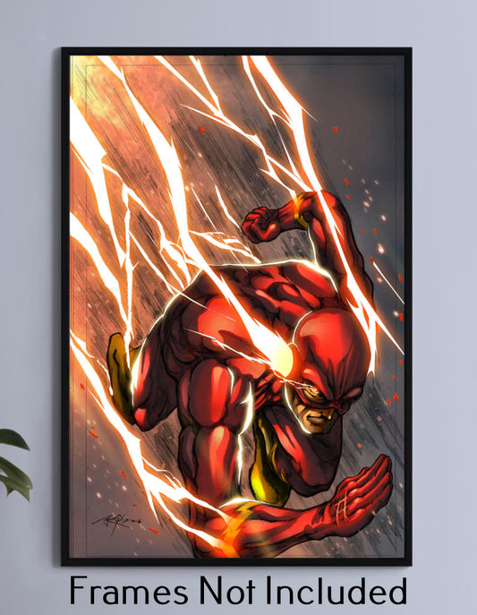 12x18 canvas print of The Flash sprinting with blazing lightning trails in comic-style action