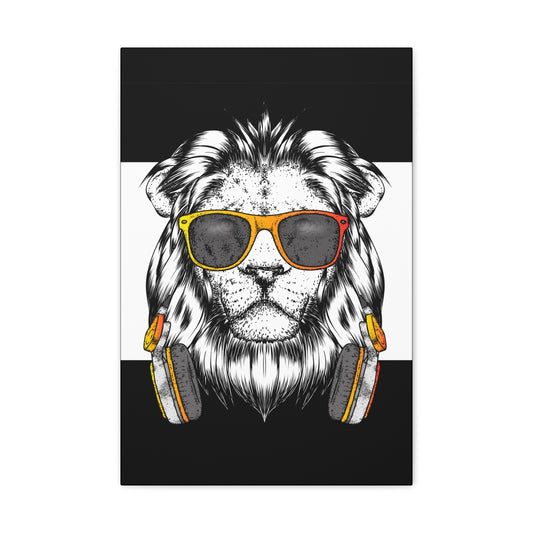"Cool Lion with Headphones & Shades Wall Art on canvas, acrylic, and metal – front view of urban music-inspired design"