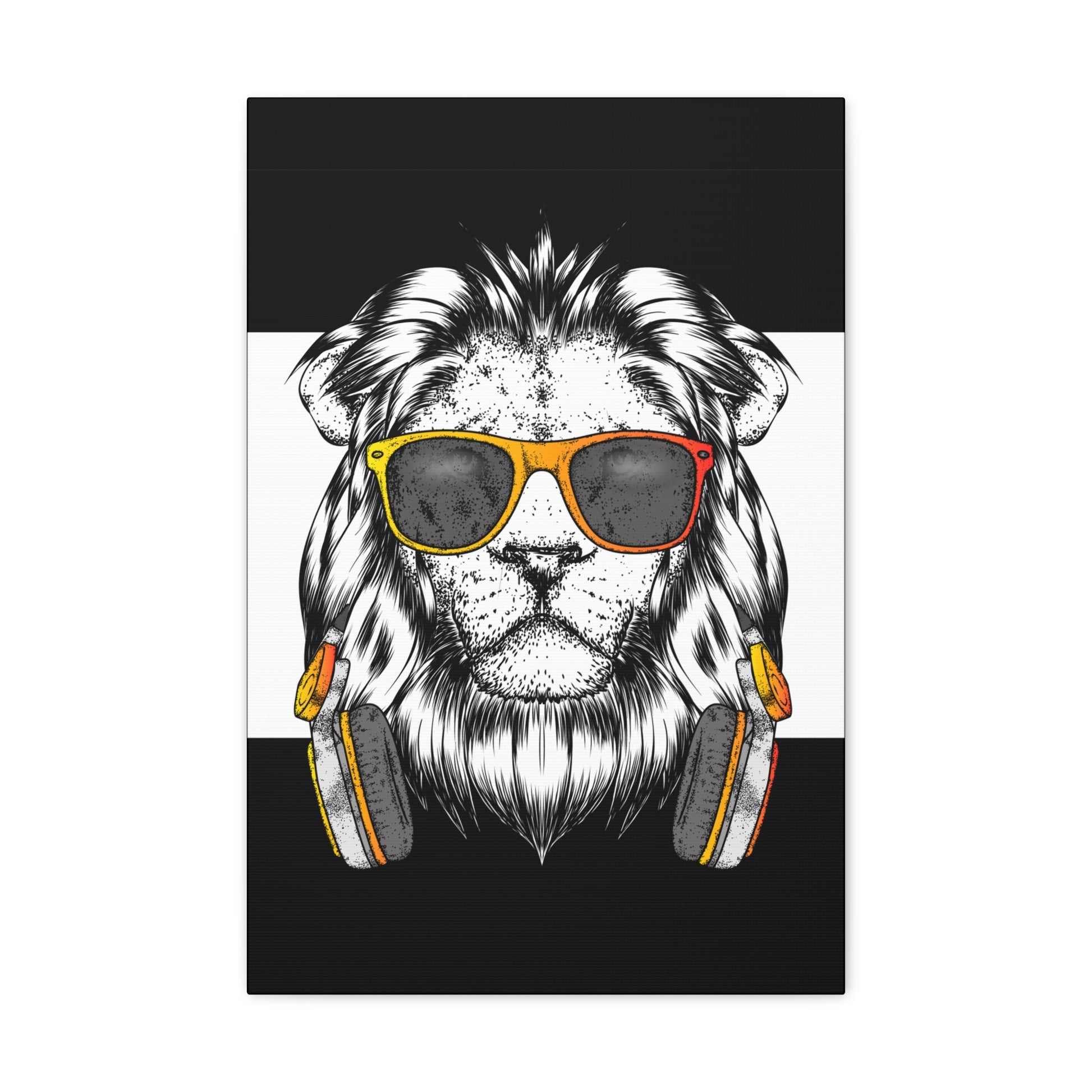 "Cool Lion with Headphones & Shades Wall Art on canvas, acrylic, and metal – front view of urban music-inspired design"
