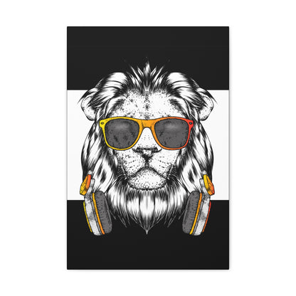 "Cool Lion with Headphones & Shades Wall Art on canvas, acrylic, and metal – front view of urban music-inspired design"
