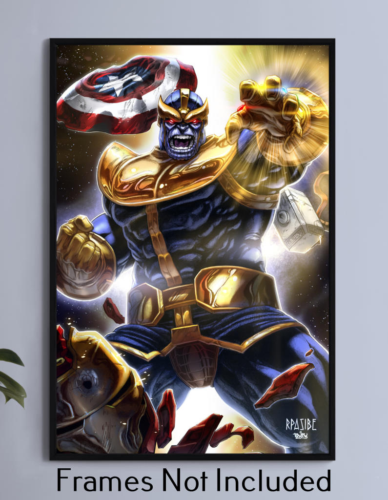  holding Infinity Gauntlet surrounded by broken Mjolnir, Iron Man’s helmet, and Cap’s shield, 11x17 print