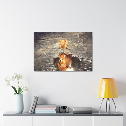 Dream Big – Kitten with Lion Reflection Wall Art on canvas, acrylic, and metal – front view featuring a kitten looking at its reflection, which appears as a lion.