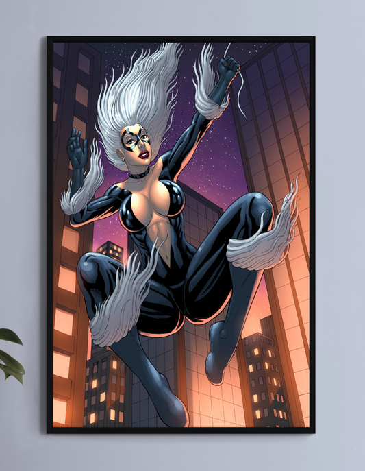 Silver-haired cat burglar leaping between skyscrapers at night; art by Keith Curtis, colors by Nestor Redulla Jr.