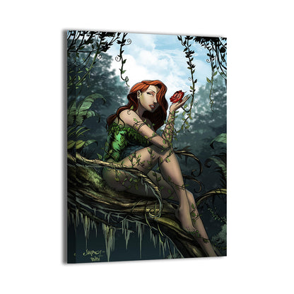 Poison Ivy-inspired jungle goddess holding rose canvas