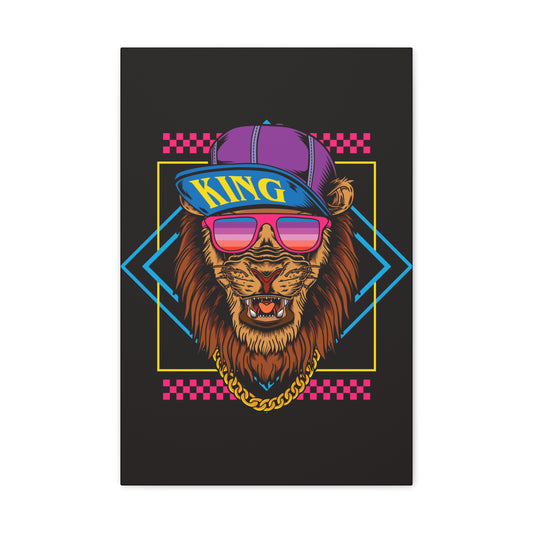 "Neon Lion with Hat & Shades Wall Art on canvas, acrylic, and metal – front view featuring electric neon colors and street-style lion design"