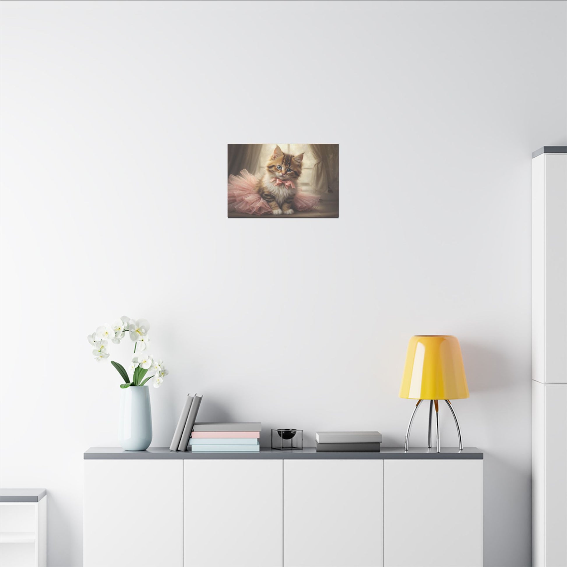 "Kitten in a Tutu Wall Art on premium canvas, acrylic, and metal – front view featuring an adorable kitten in a tutu"
