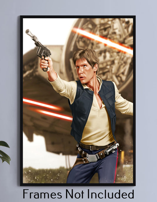 Smuggler's Swagger – Harrison Ford as Han Solo Wall Art on canvas, acrylic, and metal – front view featuring Han Solo with blaster in classic pose.