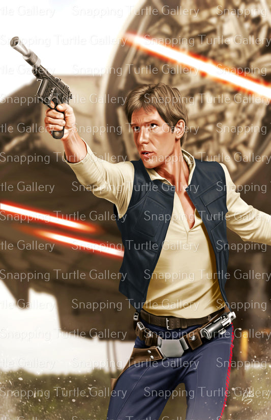 Smuggler's Swagger – Harrison Ford as Han Solo Wall Art on canvas, acrylic, and metal – front view featuring Han Solo with blaster in classic pose.