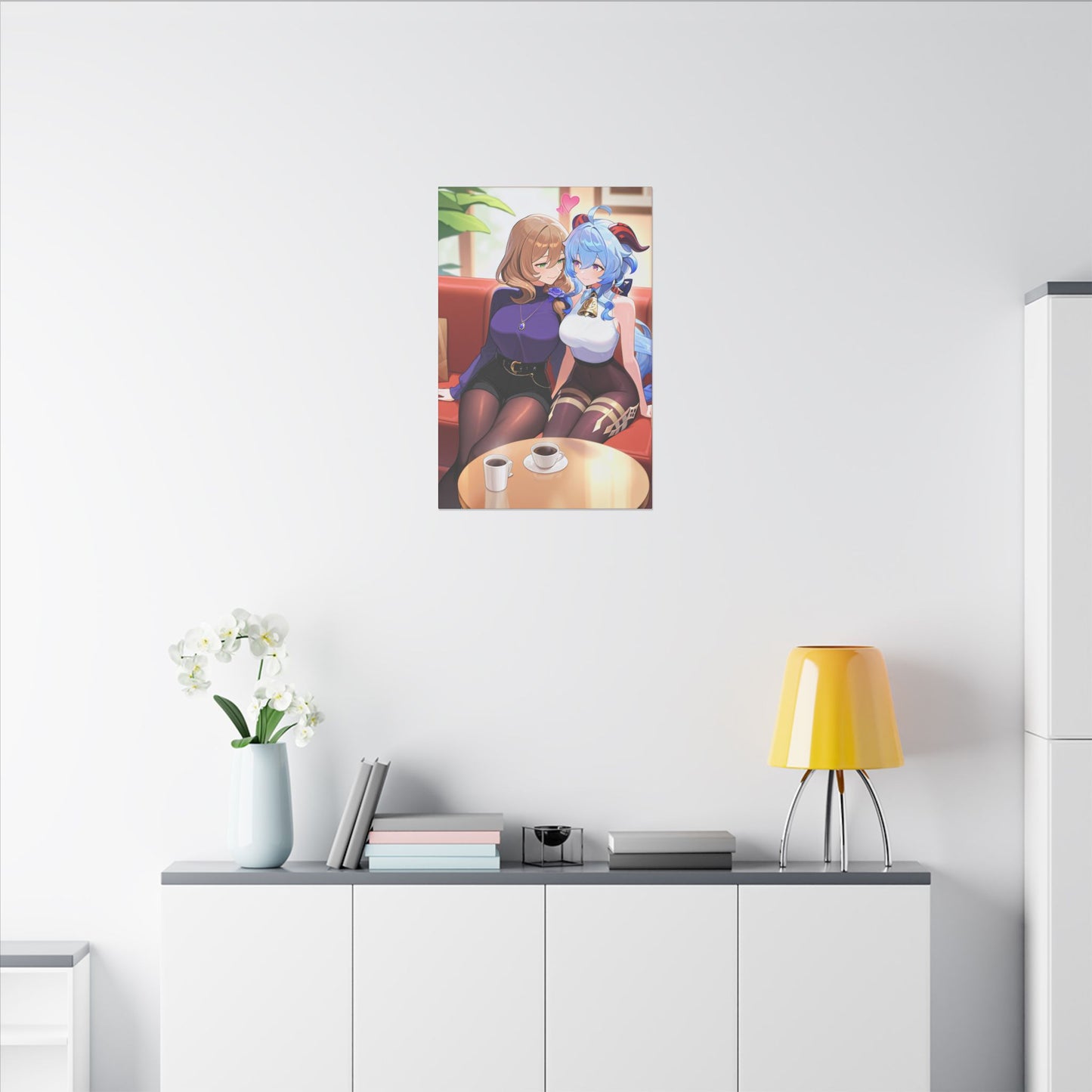 Lisa & Ganyu Café Wall Art on premium canvas, acrylic, and metal – front view featuring Lisa and Ganyu from Genshin Impact