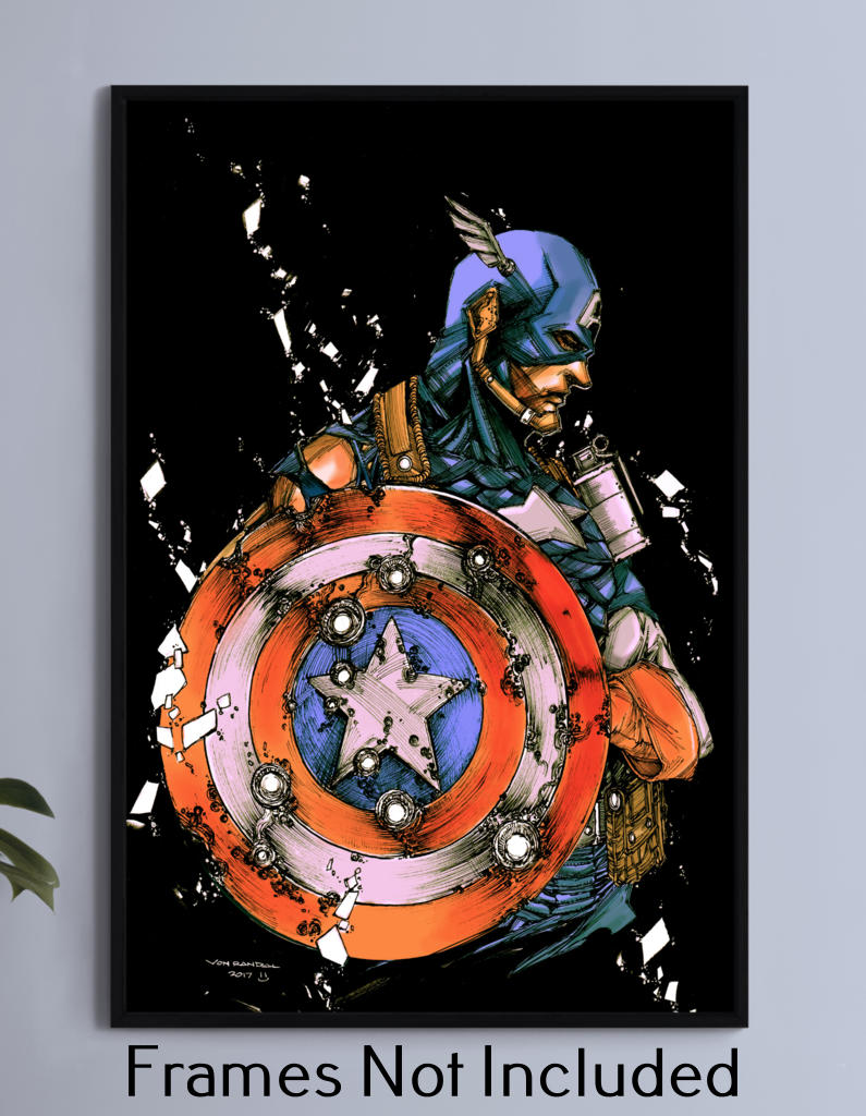 Poster print of Captain America holding bullet-riddled shield in dark background  
