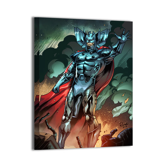 Marvel villain Stryfe stands in full armor over destruction in this 24x36 Canvas Print artwork by Carlos Ramos and Nestor Redulla Jr.