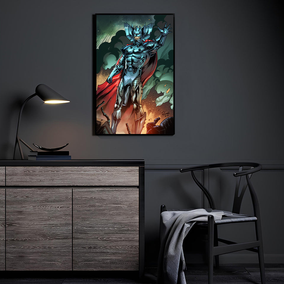 Marvel villain Stryfe stands in full armor over destruction in this 11x17 Print artwork by Carlos Ramos and Nestor Redulla Jr.