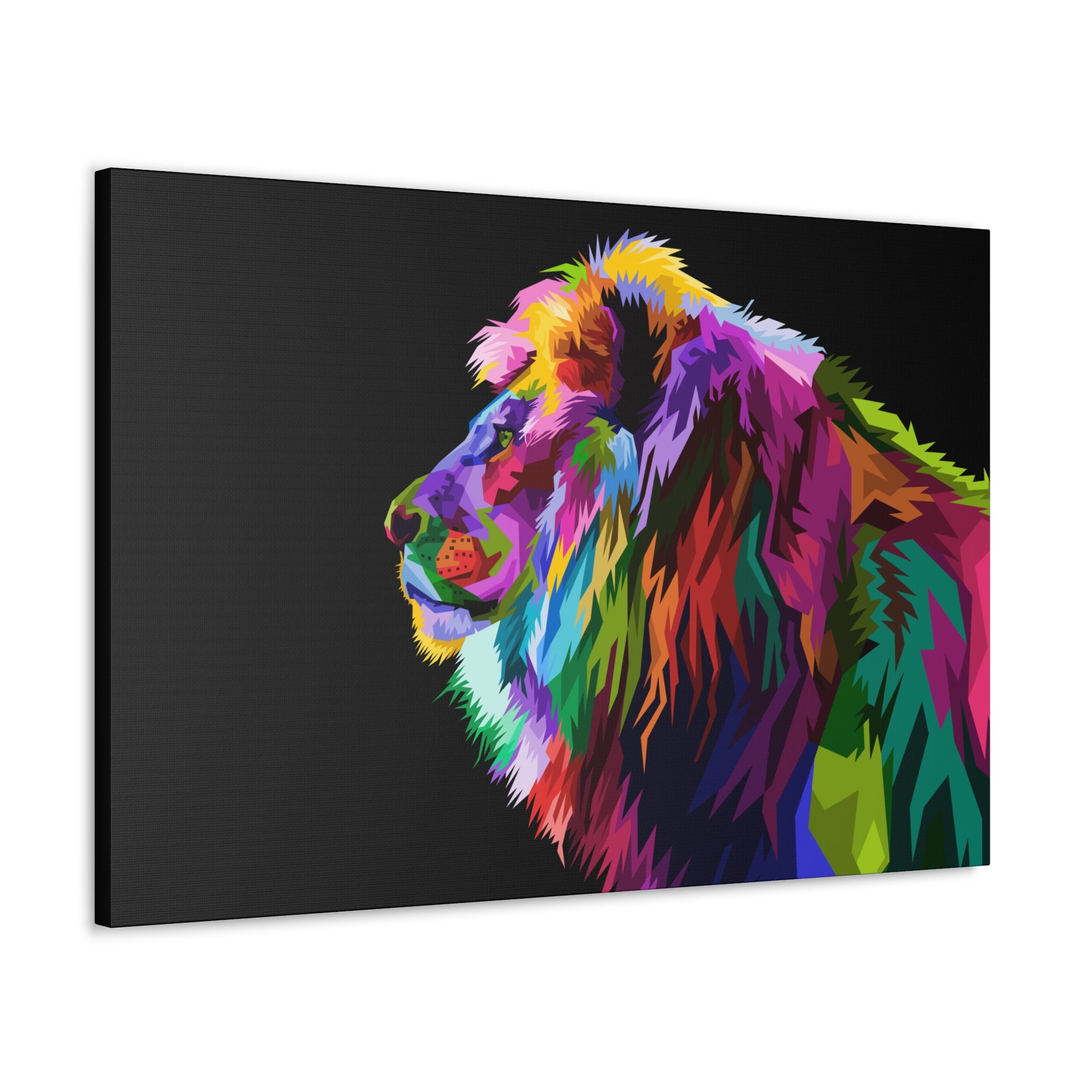 "Prismatic King – Multicolored Lion Wall Art on canvas, acrylic, and metal – front view featuring a vibrant and abstract lion portrait."
