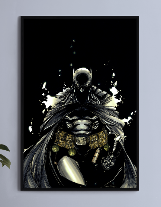 Poster print of Batman in tactical armor and utility belt emerging from darkness  
