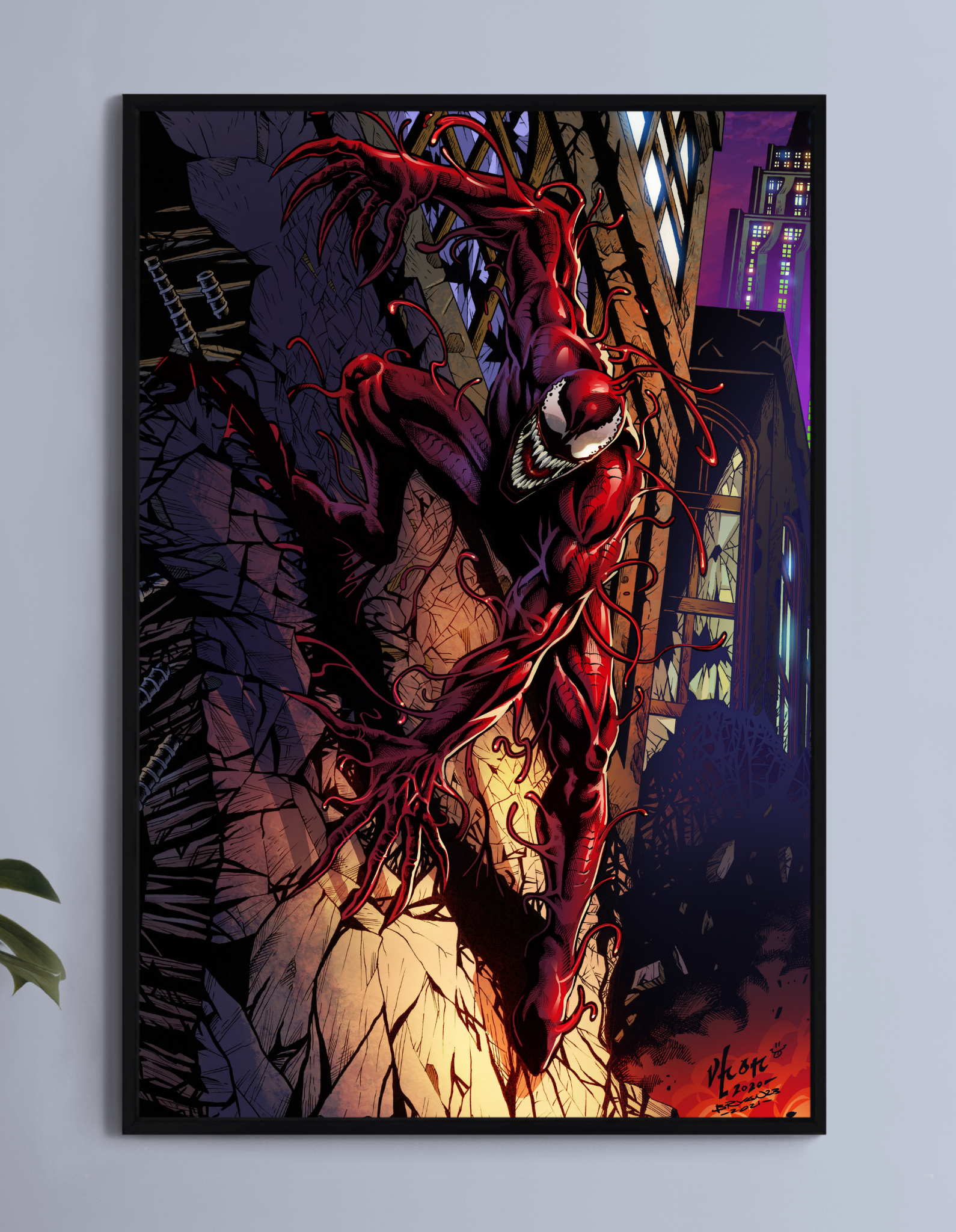 Carnage crawling down cracked city wall with tendrils – poster print

