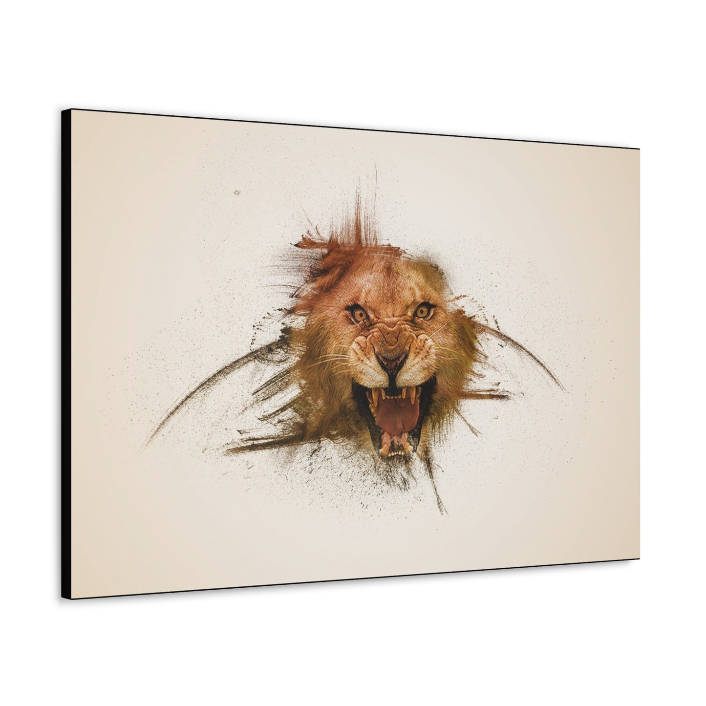"Shadow King – Realistic Lion Behind Canvas Illusion Wall Art on canvas, acrylic, and metal – front view featuring a hyper-realistic lion pressing against the artwork."
