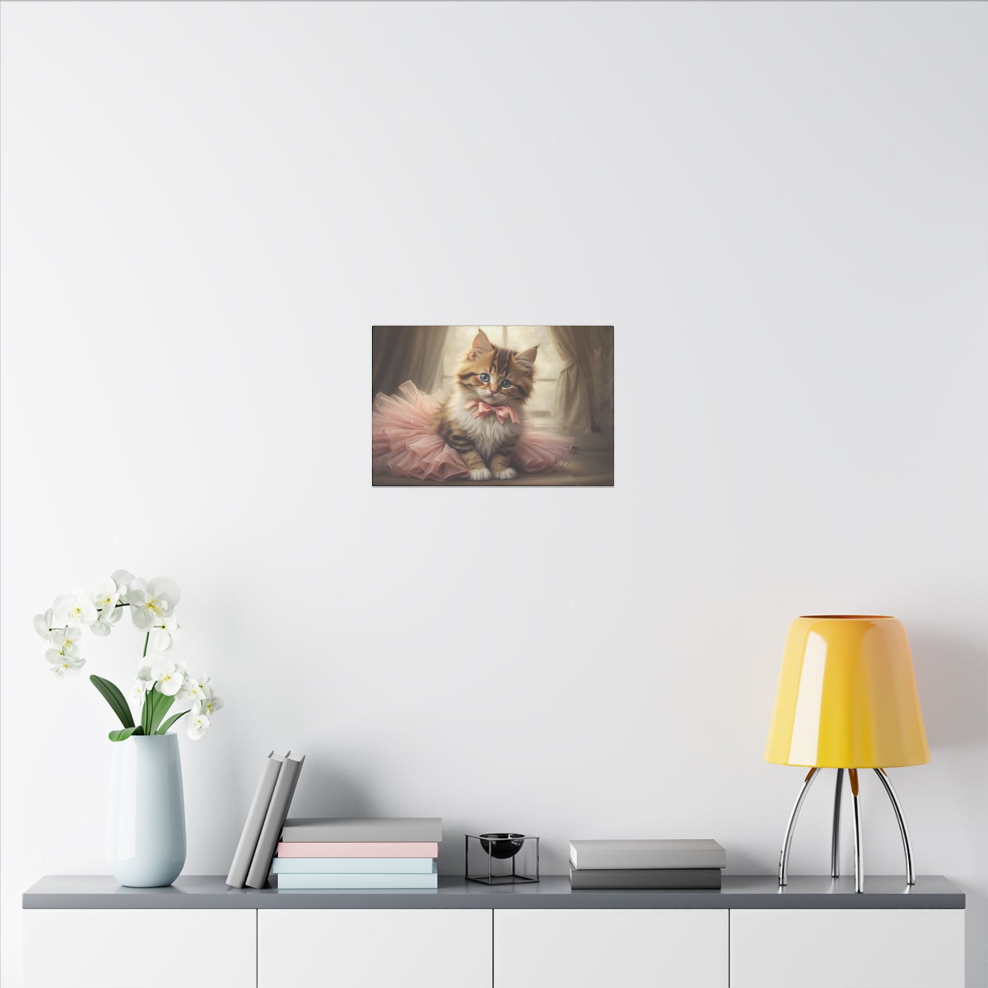 "Kitten in a Tutu Wall Art on premium canvas, acrylic, and metal – front view featuring an adorable kitten in a tutu"
