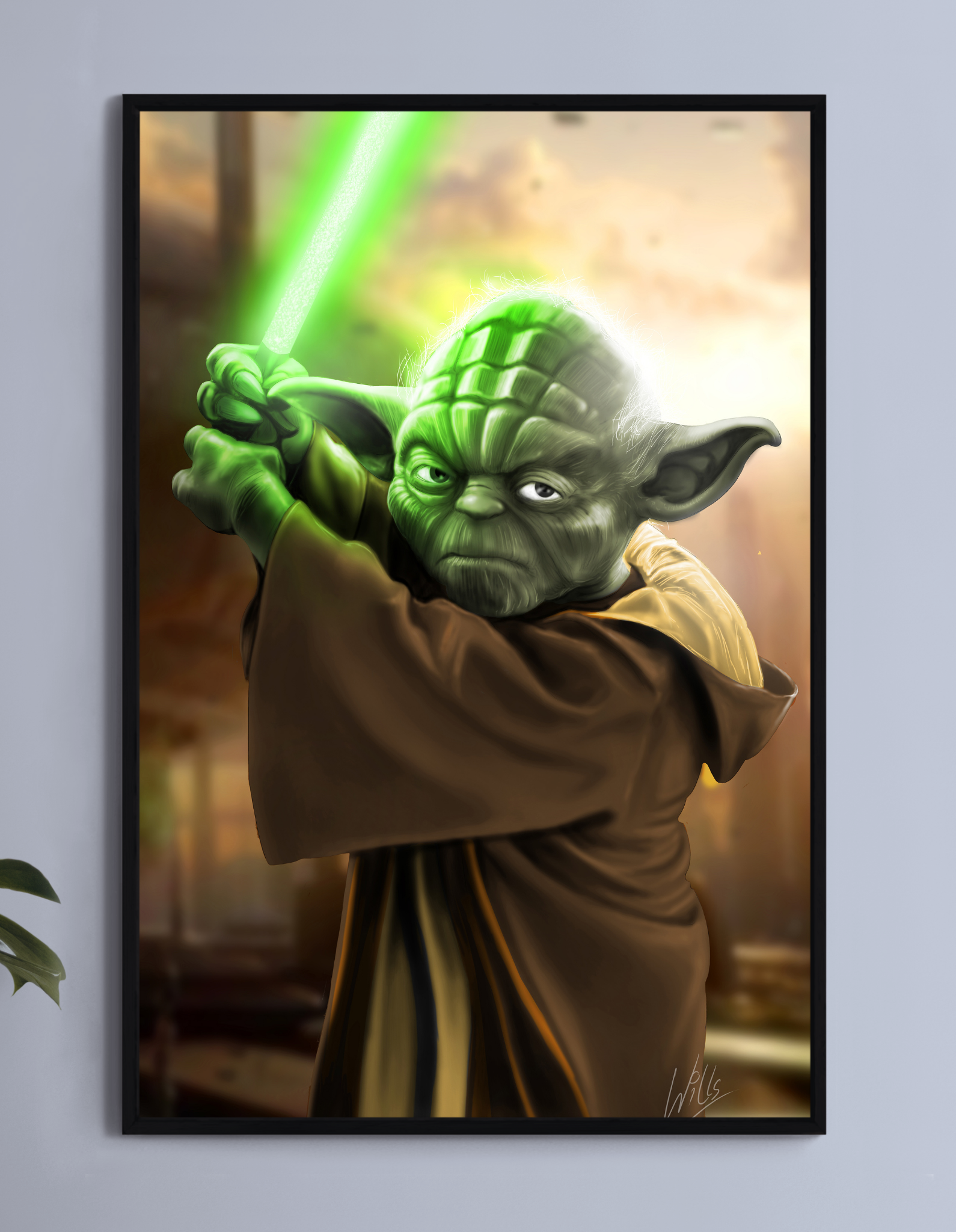 "Wisdom of the Force – Master Yoda Wall Art on canvas, acrylic, and metal – Yoda in a peaceful pose, radiating calm and focus."

