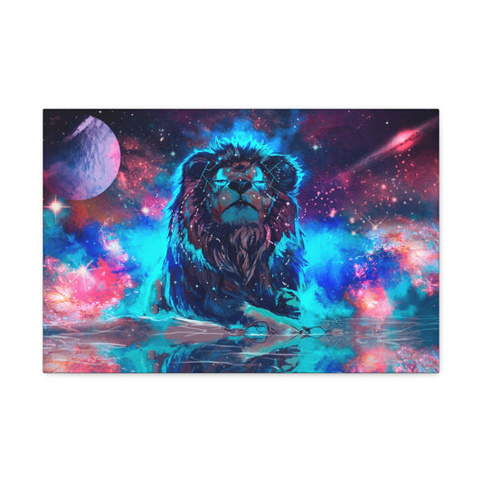 "Cosmic King – Multicolor Lion Over Galaxy Wall Art on canvas, acrylic, and metal – front view featuring a vibrant lion portrait against a deep-space galaxy."