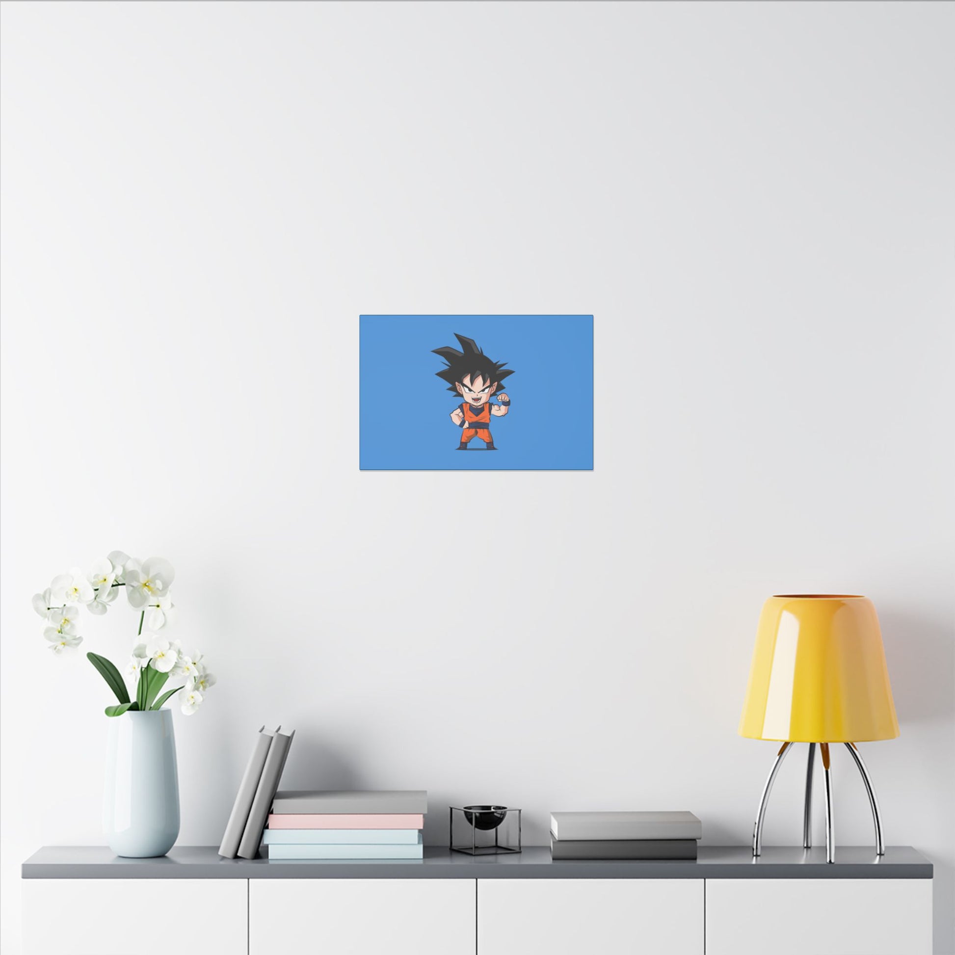 "Chibi Goku Wall Art on canvas, acrylic, and metal – front view featuring adorable chibi Goku"
