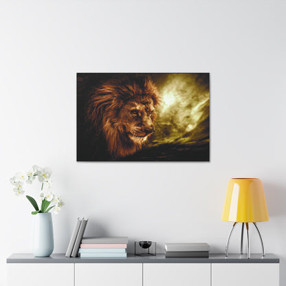 "Celestial King – Lion with Cloudscape Wall Art on canvas, acrylic, and metal – front view featuring a majestic lion against a dramatic sky."
