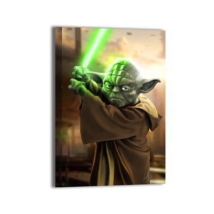 "Wisdom of the Force – Master Yoda Wall Art on canvas, acrylic, and metal – Yoda in a peaceful pose, radiating calm and focus."

