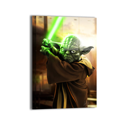 "Wisdom of the Force – Master Yoda Wall Art on canvas, acrylic, and metal – Yoda in a peaceful pose, radiating calm and focus."

