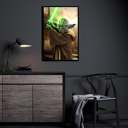 "Wisdom of the Force – Master Yoda Wall Art on canvas, acrylic, and metal – Yoda in a peaceful pose, radiating calm and focus."

