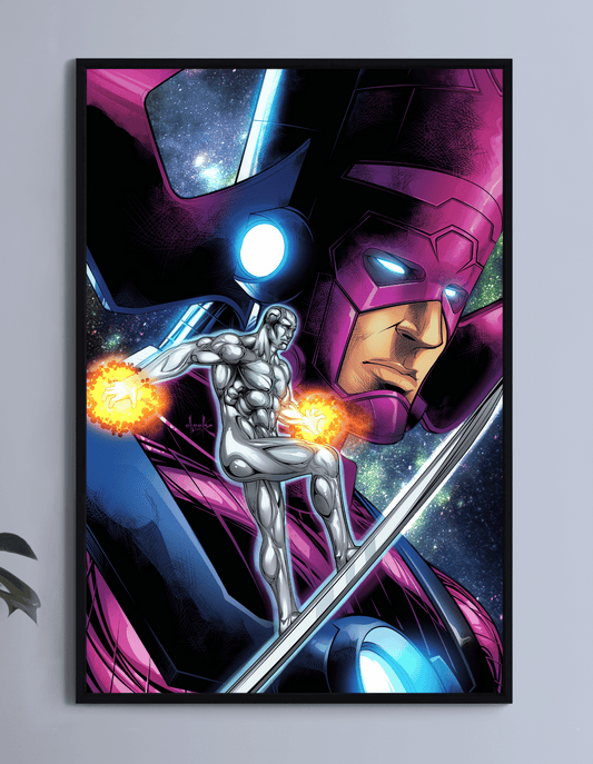 "Cosmic Devourer – Galactus & Silver Surfer Wall Art on canvas, acrylic, and metal – Galactus in the stars with Silver Surfer gliding below."


