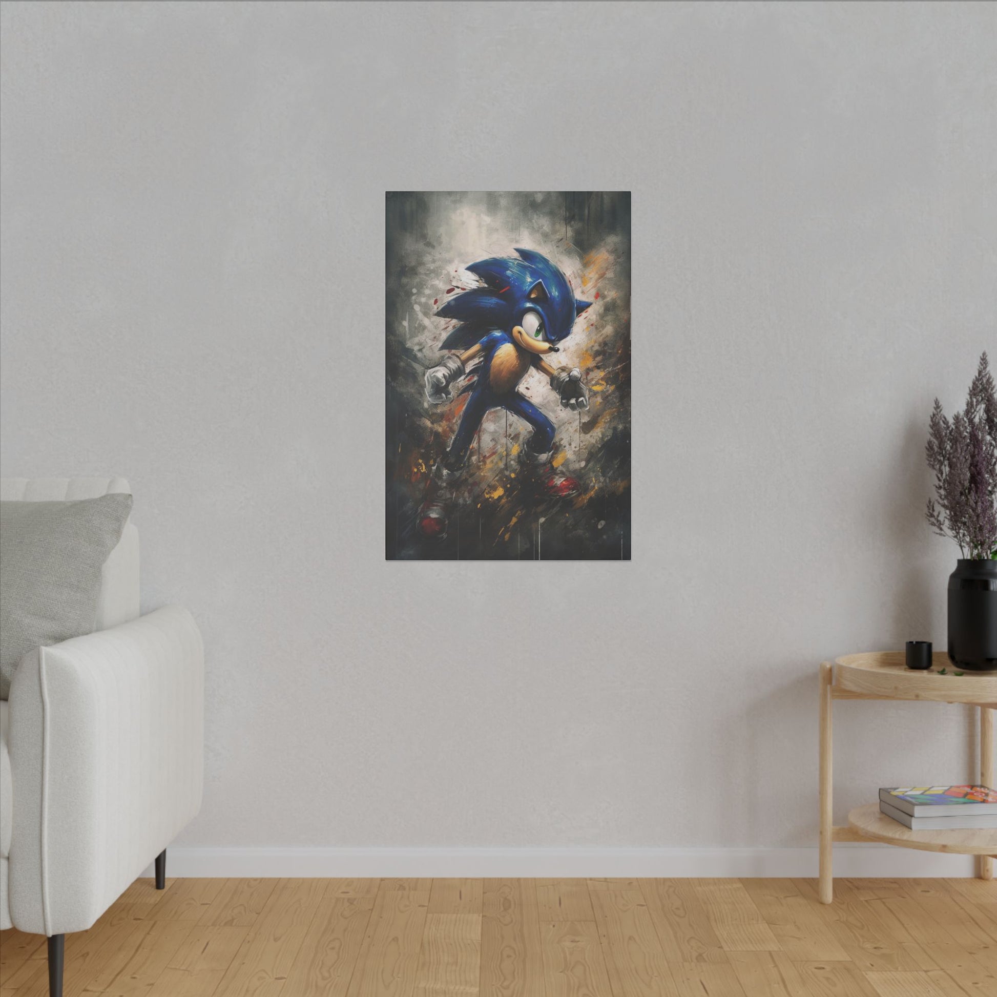 "Sonic the Hedgehog Watercolor Wall Art on premium canvas, acrylic, and metal – front view featuring iconic Sonic in vibrant watercolor design"

