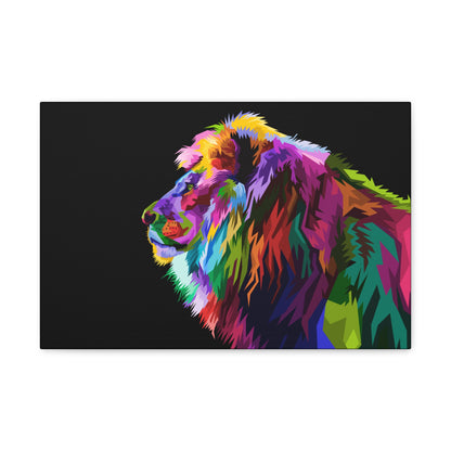 "Prismatic King – Multicolored Lion Wall Art on canvas, acrylic, and metal – front view featuring a vibrant and abstract lion portrait."
