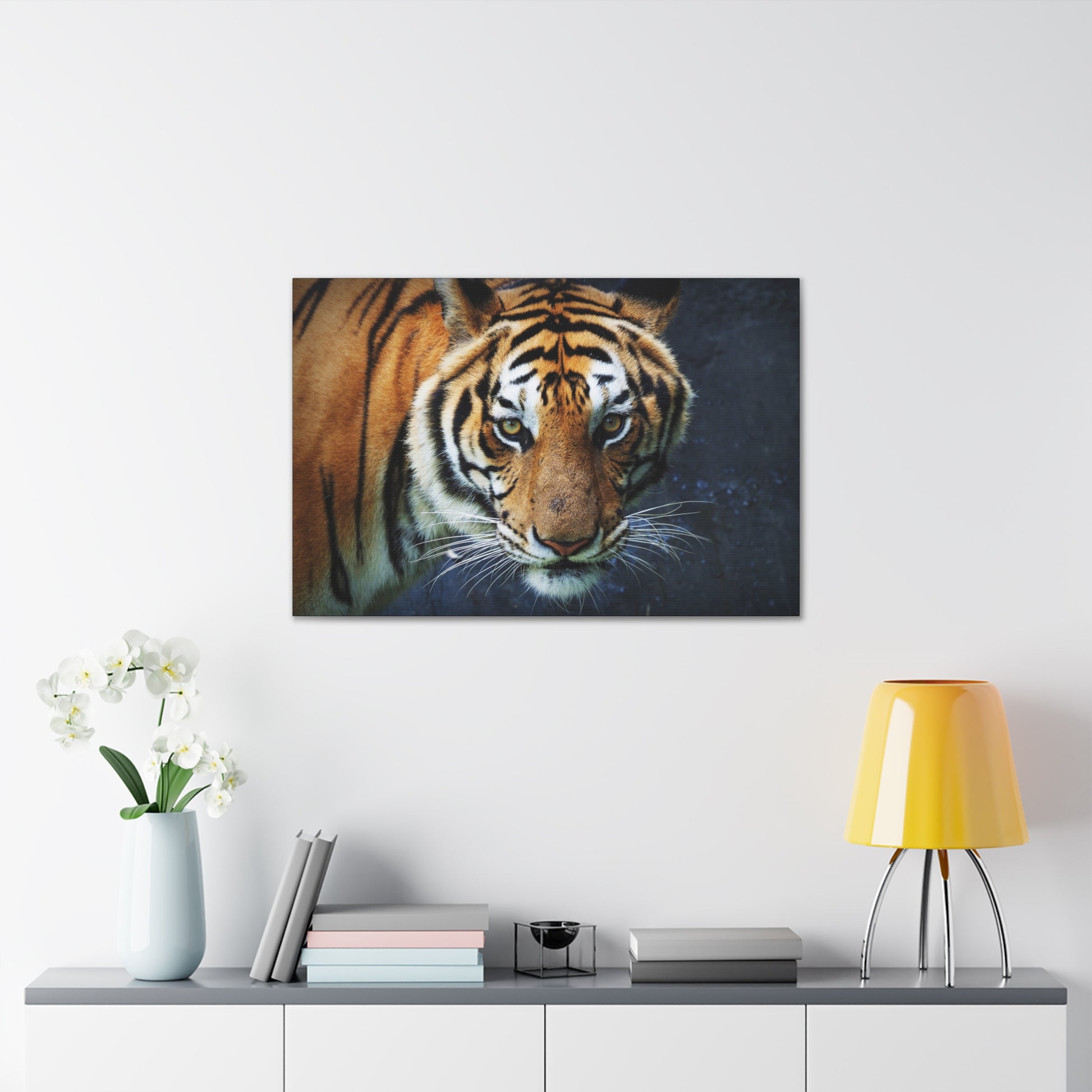 "Fierce Focus – Majestic Tiger Headshot Wall Art on canvas, acrylic, and metal – front view featuring an intense close-up of a tiger’s face."
